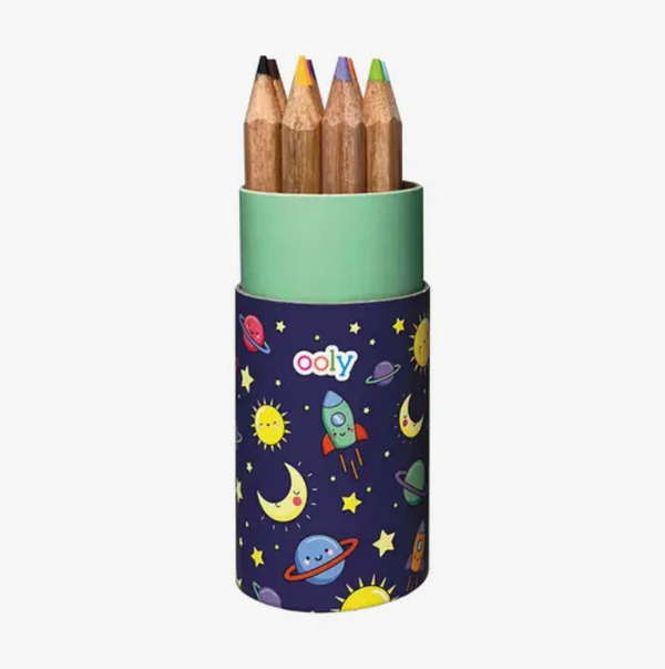 space themed container with colored pencils